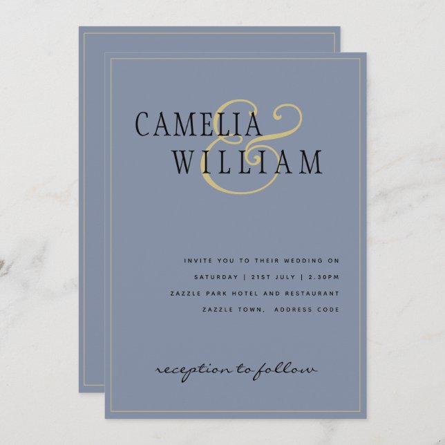 Modern Dusty Blue Wedding Invitation Gold (Front/Back)