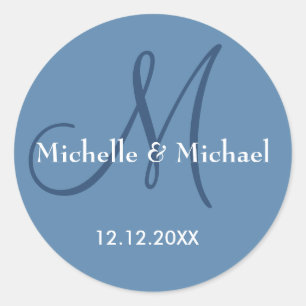 Modern Dusty Blue Wedding Monogram Name Classic Round Sticker