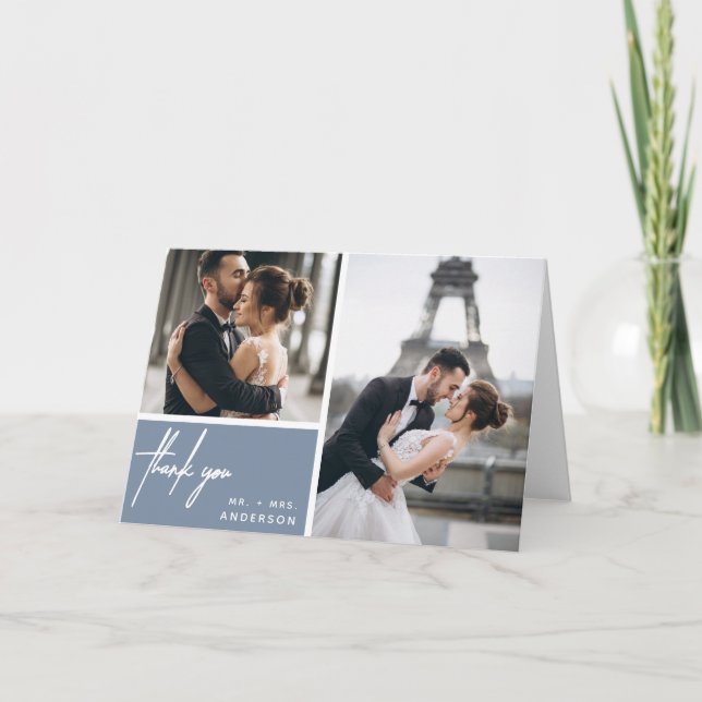 Modern Dusty Blue Wedding Photo Collage Thank You Card (Front)