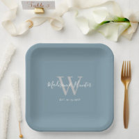 Modern Dusty Blue Wedding Script Monogram 
