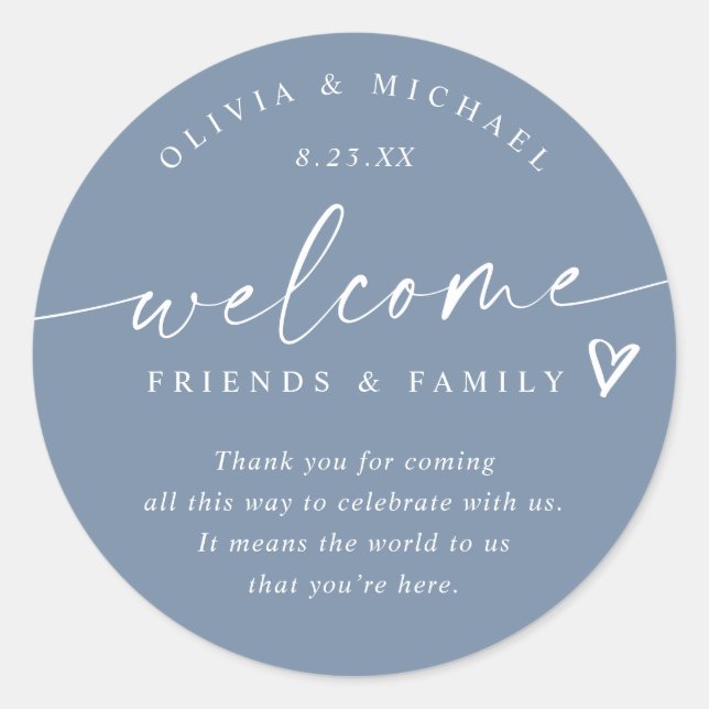 Modern Dusty Blue Wedding Welcome Hotel Bag Classic Round Sticker (Front)