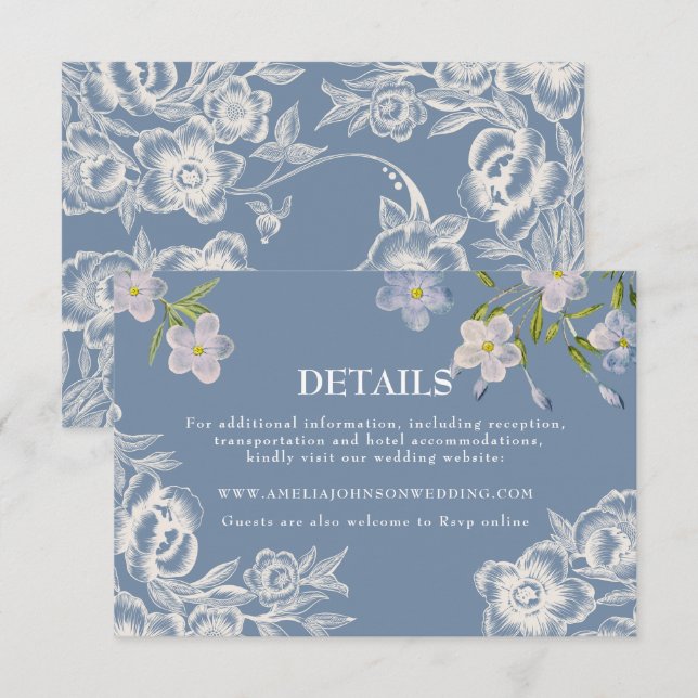 Modern Dusty Blue & White Floral Wedding  Enclosure Card (Front/Back)