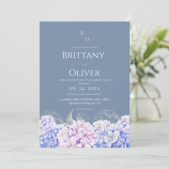Modern Dusty Blue & White Floral Wedding Invitation (Standing Front)