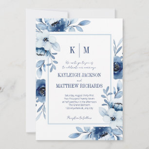 Modern Dusty Blue & White Floral Wedding Invitation