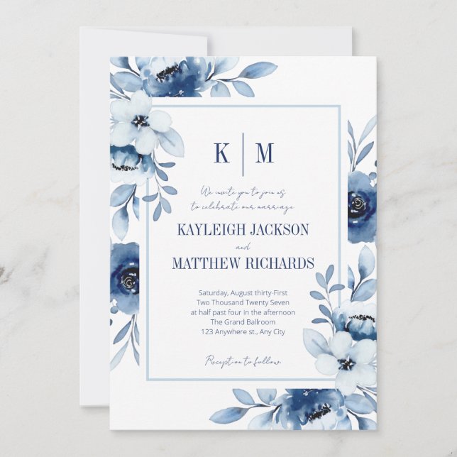 Modern Dusty Blue  & White Floral Wedding Invitation (Front)