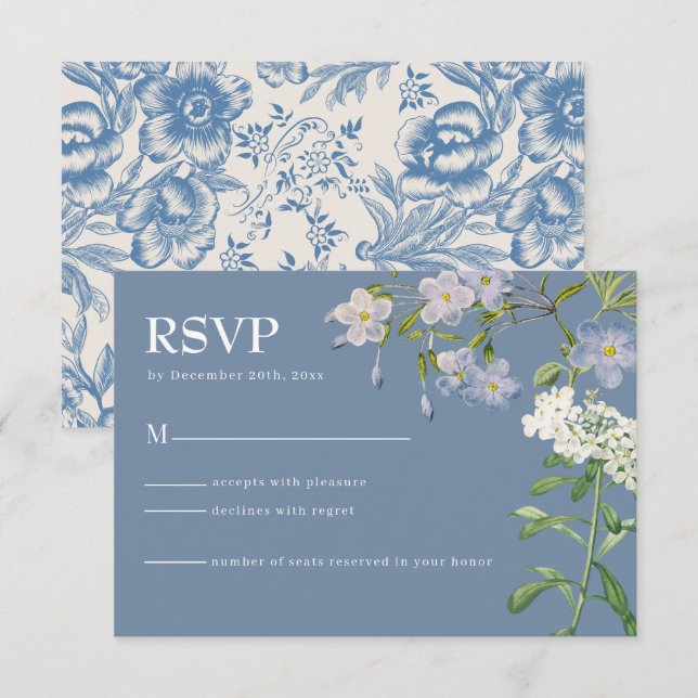 Modern Dusty Blue & White Floral Wedding RSVP Card (Front/Back)