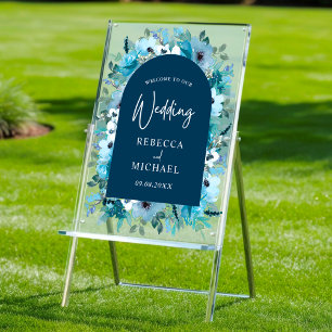 modern dusty blue white floral wedding welcome acrylic sign