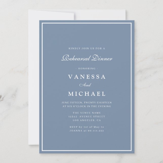 modern dusty blue white frame rehearsal dinner invitation (Front)