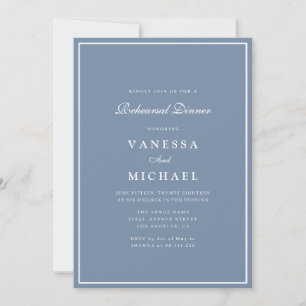 modern dusty blue white frame rehearsal dinner invitation
