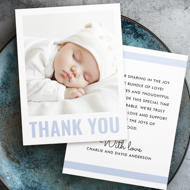 Modern dusty blue white new baby baptism photo  thank you card (Modern dusty blue white new baby baptism photo thank you card)