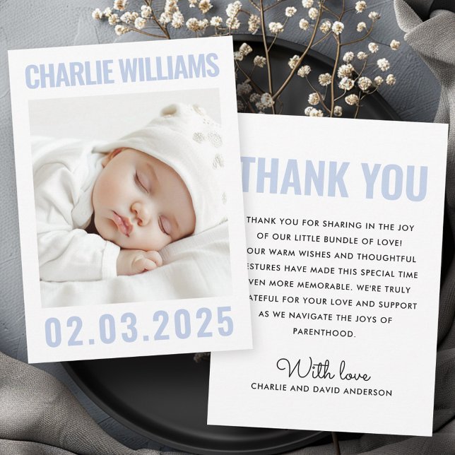 Modern dusty blue white new baby photo birth announcement (Modern dusty blue white new baby photo birth announcement)