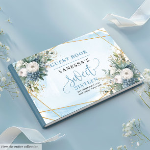 Modern Dusty Blue White Peonies Sweet Sixteen 16 Guest Book