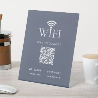 Modern Dusty Blue WiFi Network Password QR Code Pedestal Sign