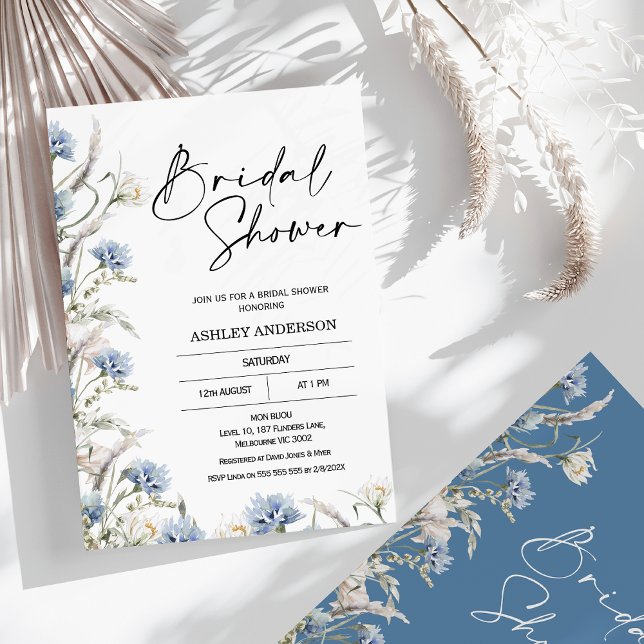Modern Dusty Blue Wildflowers Bridal Shower  Invitation (Dusty Blue Wildflowers Bridal Shower Invitation, Modern Design, Blue Floral Bridal Shower Invitation)