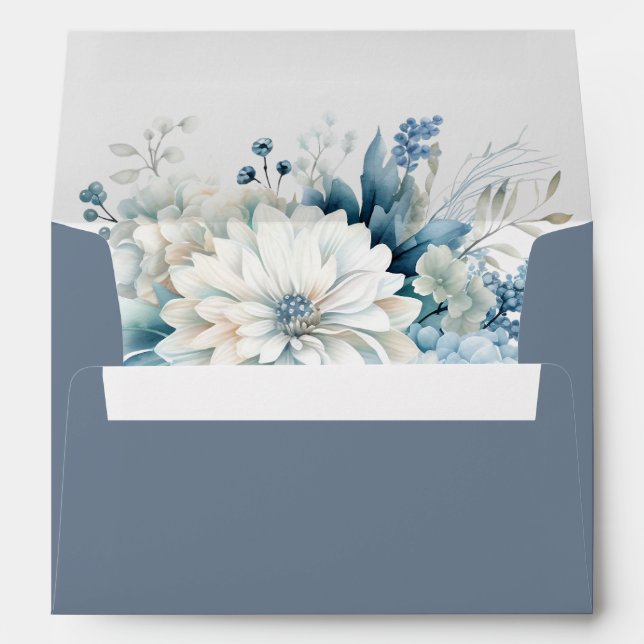 Modern Dusty Blue Wildflowers Wedding Envelope (Back (Bottom))