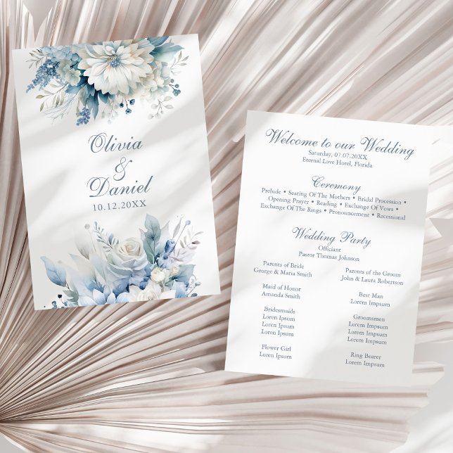 Modern Dusty Blue Wildflowers Wedding Program Programme (Modern Dusty Blue Wildflowers Wedding Program on a sunny white dry palm leaf.)