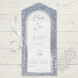 Modern Dusty Blue & Winter Snow Silver Dinner     All In One Invitation<br><div class="desc">ALSO AVAILABLE WITH A QR CODE TO SCAN IN THE RSVP AREA OR WITHOUT DINNER SELECTION OPTIONS. This simple but elegant wedding invitation design features a beautiful dusty blue background with softly falling white snowflakes. The text is displayed on an arched white text area over a faux silver foil arch...</div>