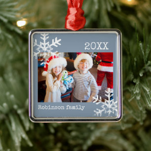 Modern Dusty Blue Winter Snowflake Custom Photo Metal Tree Decoration