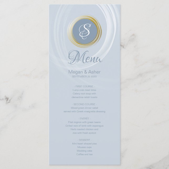 Modern Dusty Blue with Gold Ring Initial Menu (Front)