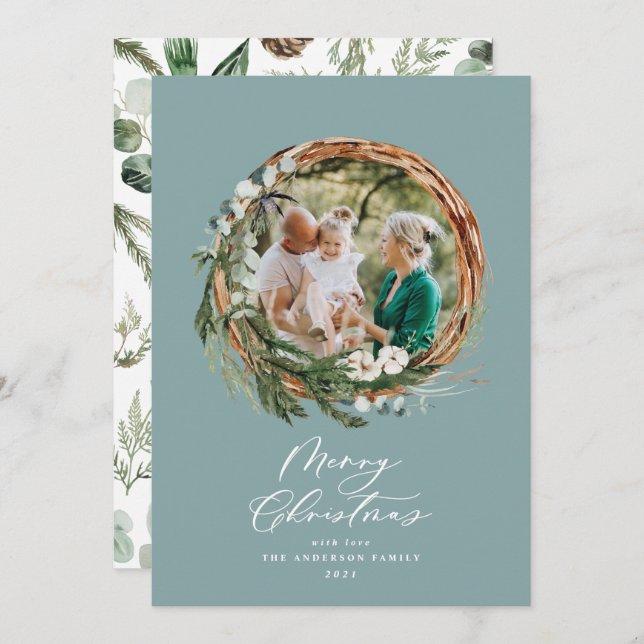 Modern dusty blue wreath Christmas script 1 photo Holiday Card (Front/Back)