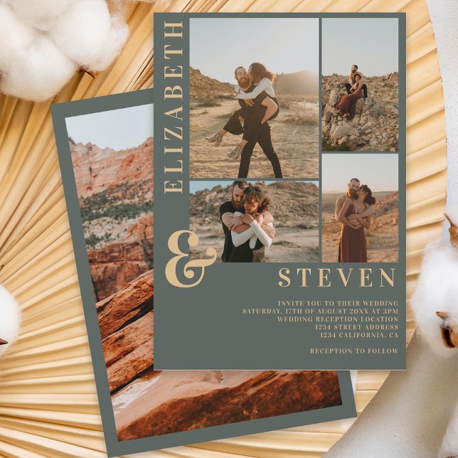 Modern dusty green ampersand 5 photo grid wedding invitation (Creator Uploaded)