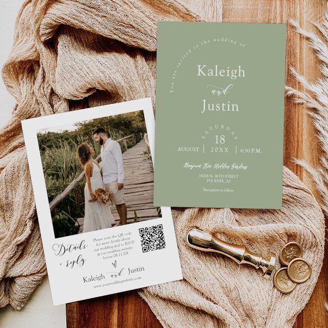 Modern Dusty Green Boho Wedding Photo QR Code RSVP Invitation (Creator Uploaded)