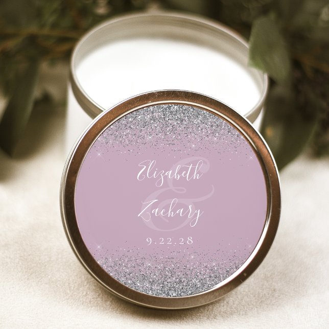 Modern Dusty Lilac Silver Glitter Edge Wedding Classic Round Sticker (Creator Uploaded)