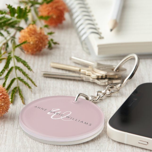 Modern Dusty Lilac White Script Monogram Key Ring (Front Right)