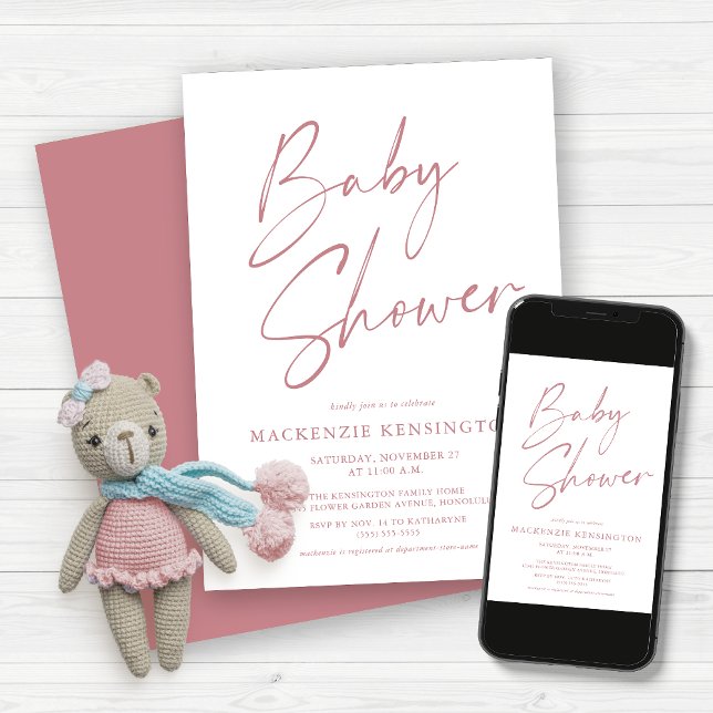 Modern Dusty Mauve Pink Script Baby Girl Shower Invitation (Creator Uploaded)