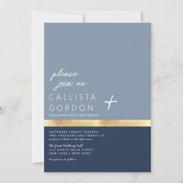 Modern Dusty Navy Blue Gold Colour Block Wedding Invitation (Front)