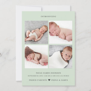Modern Dusty Pale Green Photo Collage Grid Birth Announcement