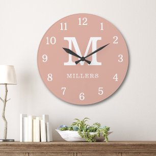 Modern Dusty Pink And White Monogram Family Name Large Clock