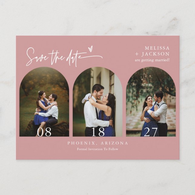 Modern Dusty Pink Arch Photo QR Code Save the Date Postcard (Front)