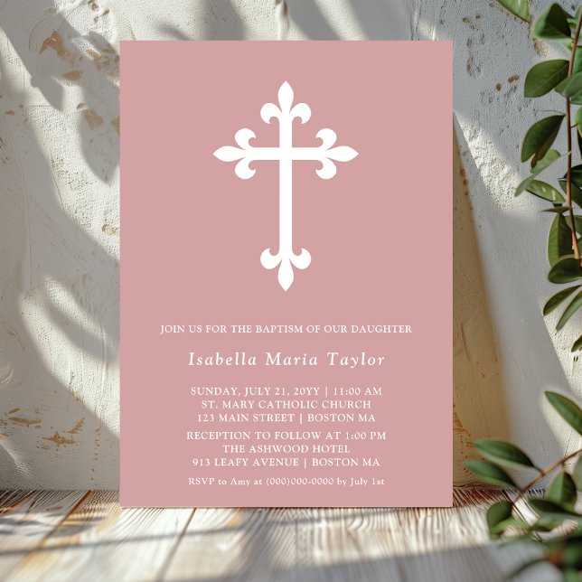 Modern Dusty Pink Cross Baptism Invitation (Creator Uploaded)