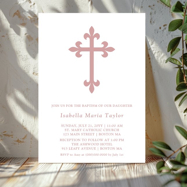Modern Dusty Pink Cross Baptism Invitation (Creator Uploaded)