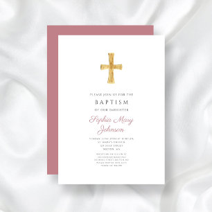 Modern Dusty Pink Cross Religious Girl Baptism Invitation
