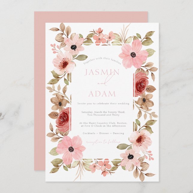 Modern Dusty Pink Floral Rose Wedding Invitation (Front/Back)