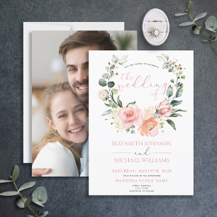 Modern Dusty Pink Floral Wreath Photo Wedding Invitation