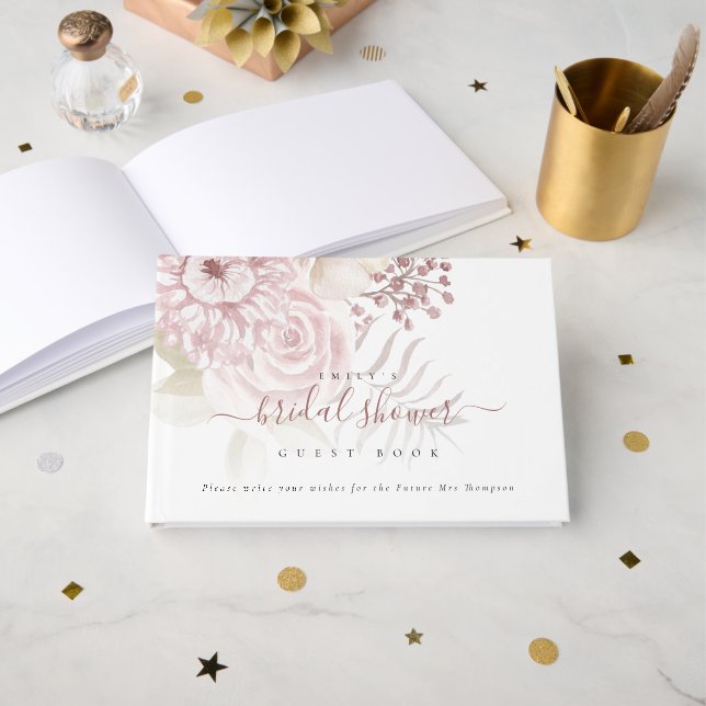 Modern Dusty Pink Florals Bridal Shower Guest Book (Front Open)