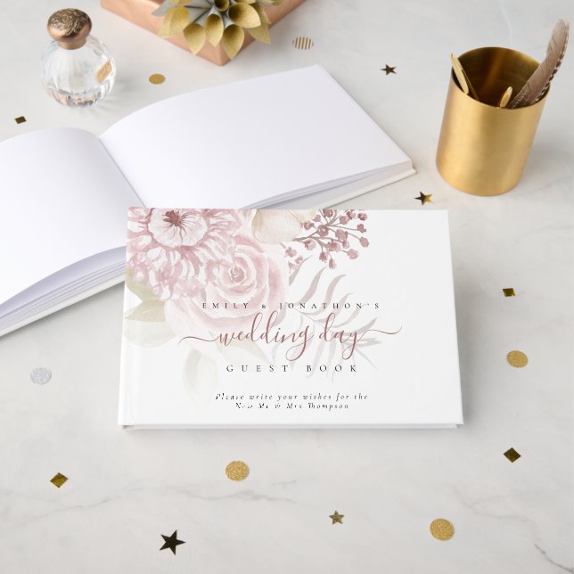 Modern Dusty Pink Florals Wedding Day Guest Book (Front Open)
