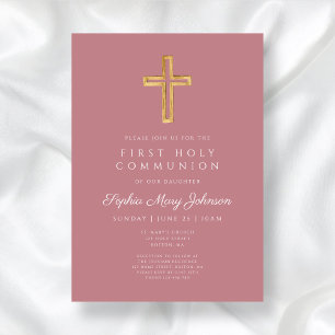 Modern Dusty Pink Religious Girl First Communion Invitation