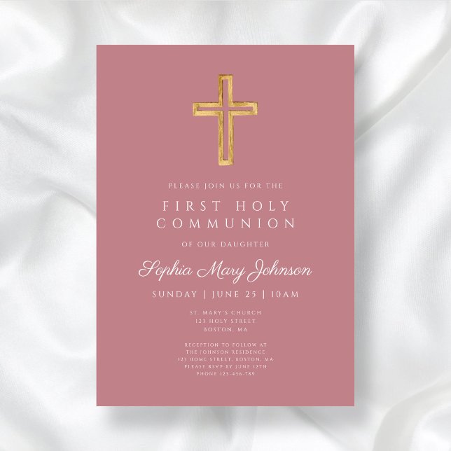 Modern Dusty Pink Religious Girl First Communion Invitation (Modern Dusty Pink Religious Girl First Communion Invitation)