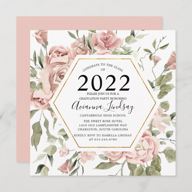 Modern Dusty Pink Rose Botanical Graduation  Invit Invitation (Front/Back)