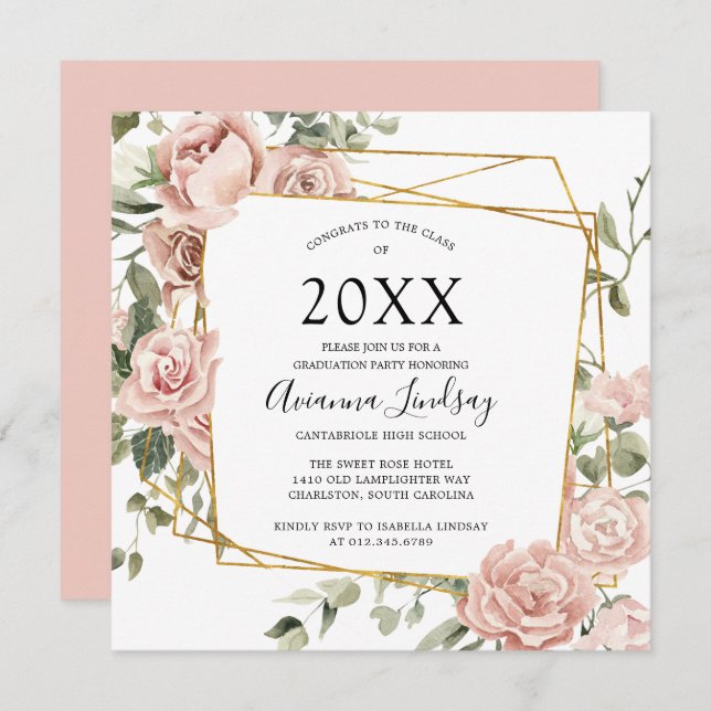 Modern Dusty Pink Rose Botanical Graduation  Invit Invitation (Front/Back)
