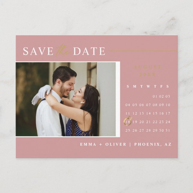 Modern Dusty Pink Save the Date Calendar QR Code Postcard (Front)