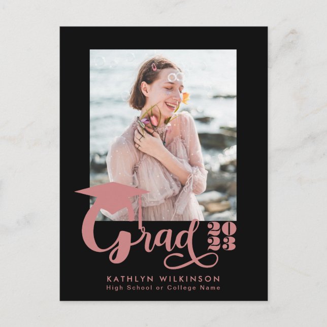 Modern Dusty Pink Script Trendy Photo Graduation Announcement Postcard (Front)