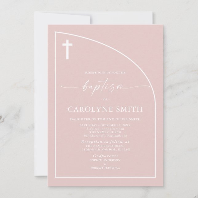 Modern Dusty Pink Semi Arch Baptism Invitation (Front)