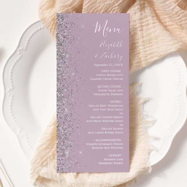 Modern Dusty Purple Lilac Silver Glitter Wedding Menu (Creator Uploaded)