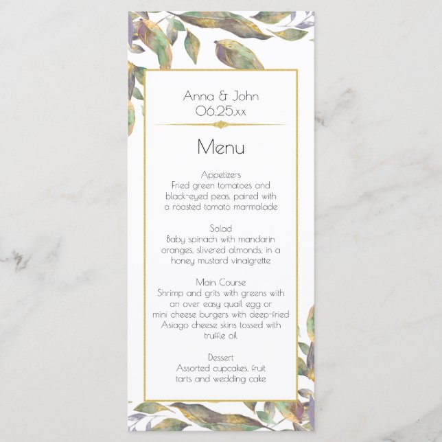 Modern Dusty Purple Sage Green Gold Leaves Menu2 | Menu (Front)