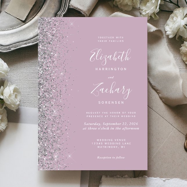 Modern Dusty Purple Silver Glitter Edge Wedding Invitation (Creator Uploaded)